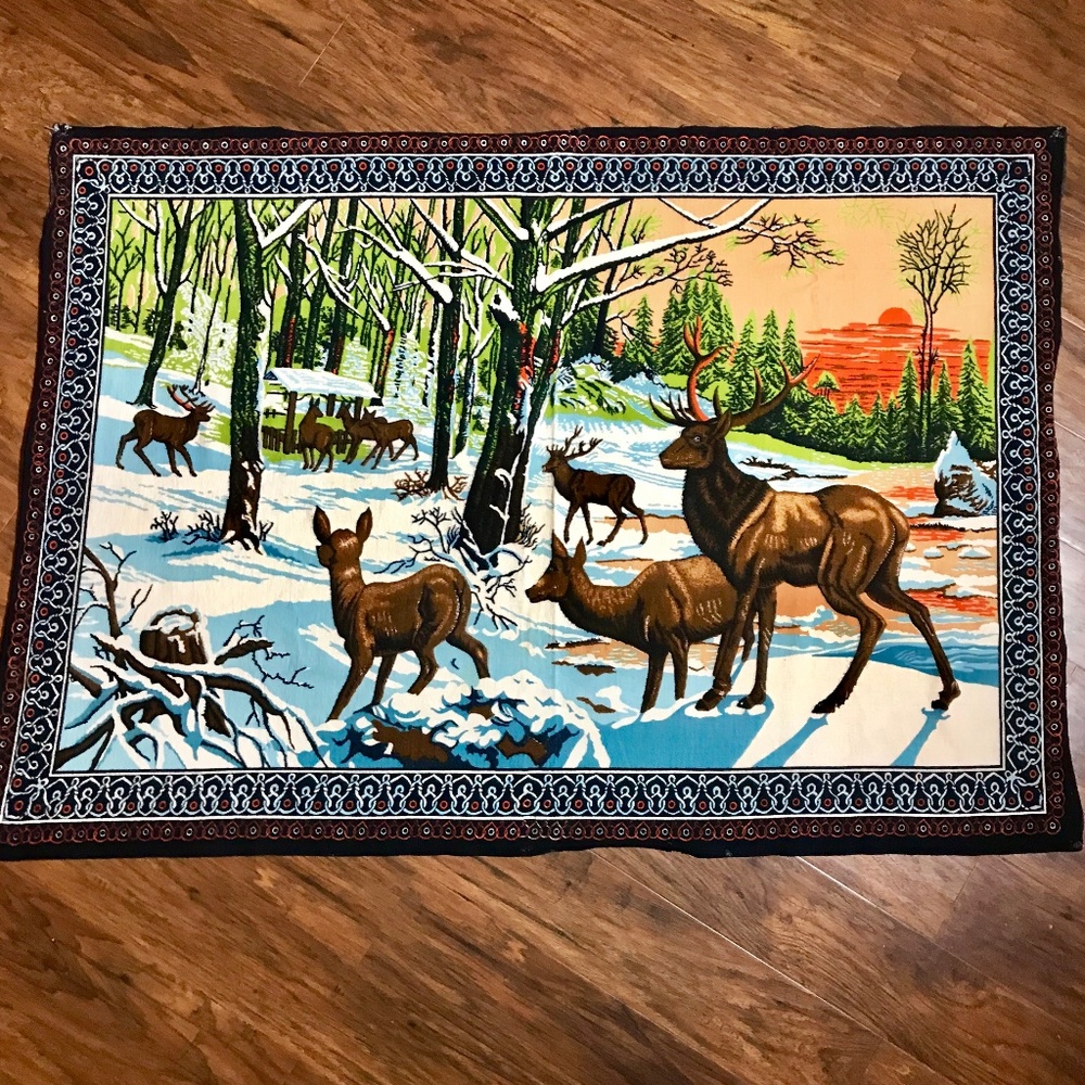 VTG Deer Elk Tapestry Wall Hanging Rug Rustic BOHO
